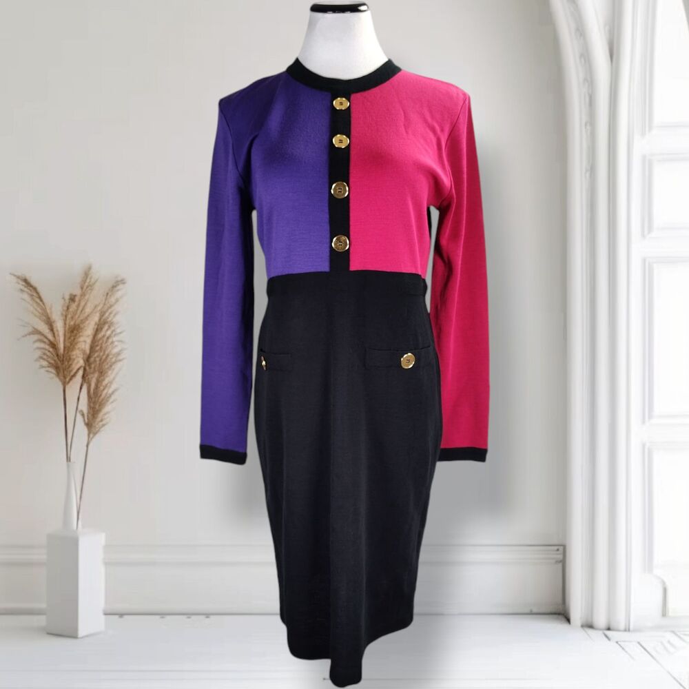 Vintage 80s Liz Claiborne Colorblock Dress Size M Acrylic Wool Knit Midi Career